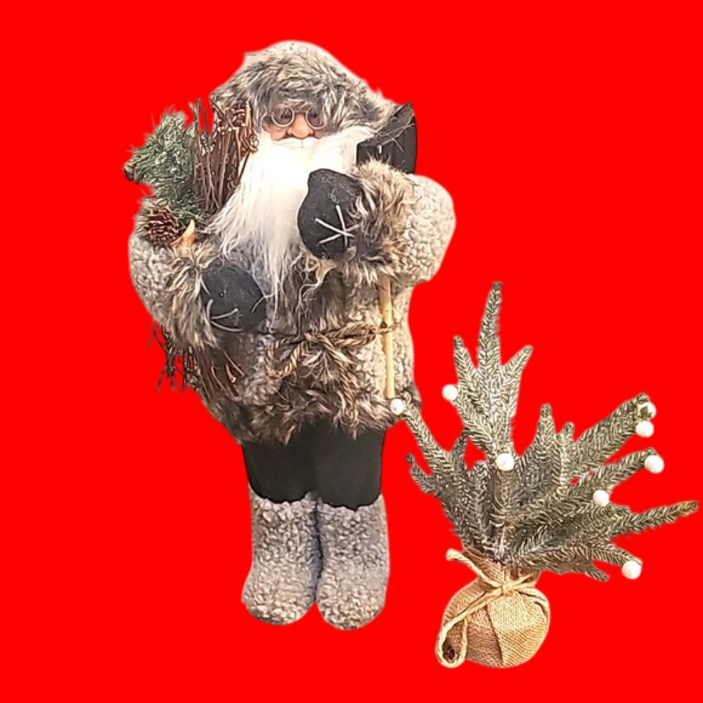 Vintage Nordic Santa vegan fur coat booties woodman axe free standing & tree 18"